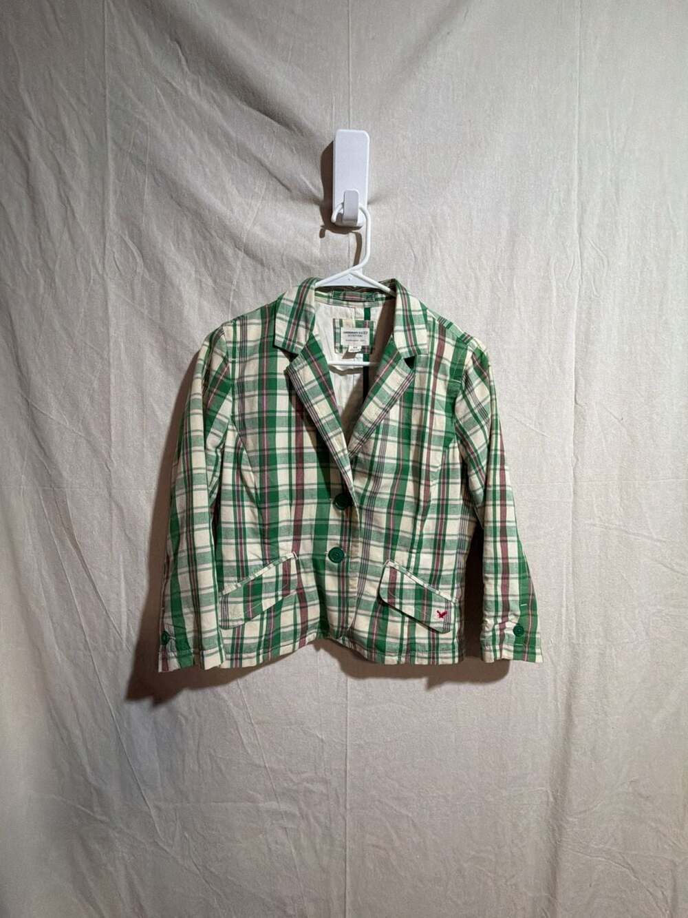 Y2K American Eagle Outfitters Women's Green and White Plaid Cotton Blazer
